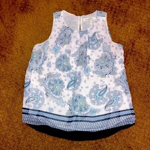 Paisley tank style blouse blue & white,lined, EUC